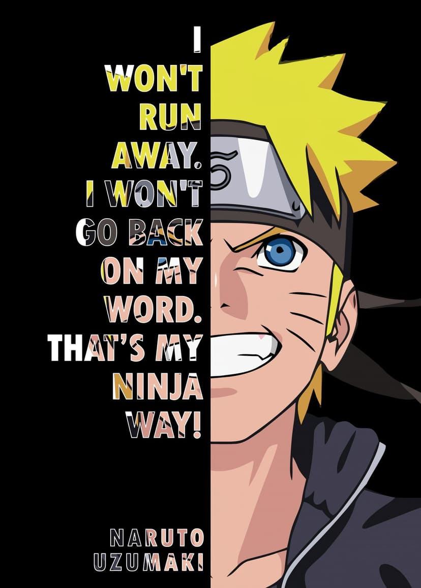 Naruto Uzumaki with intense eyes stands beside bold white text stating his famous ninja way quote on a dark backdrop.