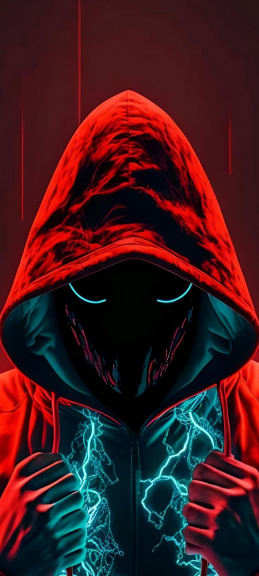 Hooded character with glowing blue eyes and neon lightning details on a red cloak against a dark background.