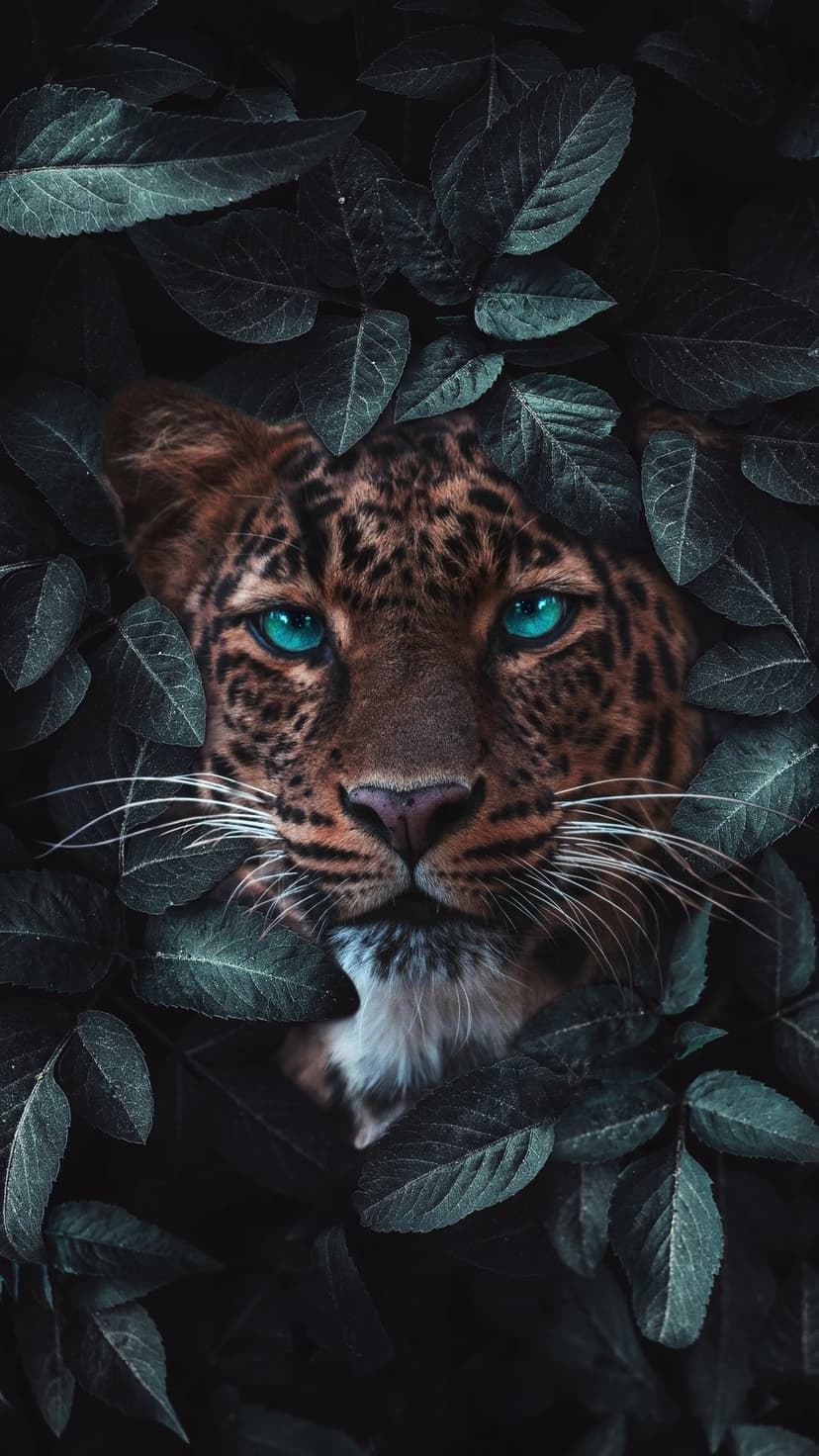 Leopard with bright blue eyes stares through dark green leaves, showcasing its spotted fur and intense facial gaze.