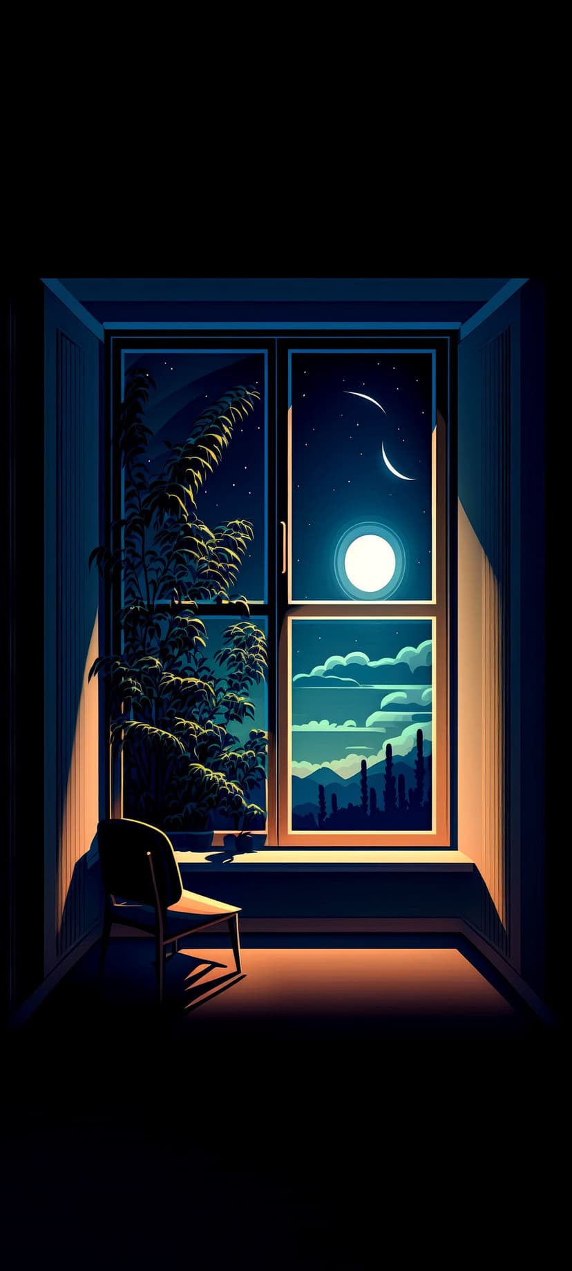 Armchair beside a window looking out at a desert night sky with two moons, tall cacti, and stylized mountains.