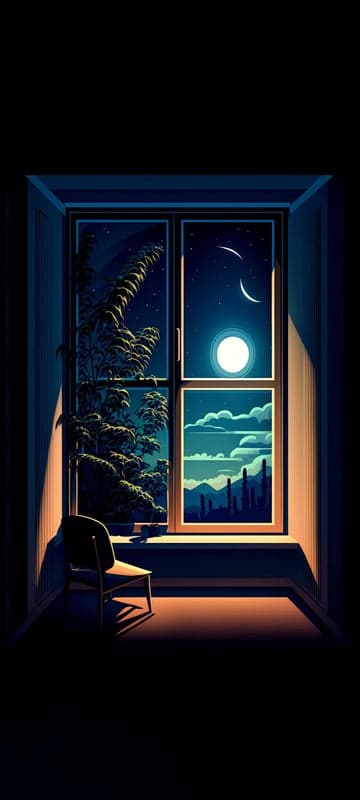 Serene Night Window View with Moon and Desert Landscape