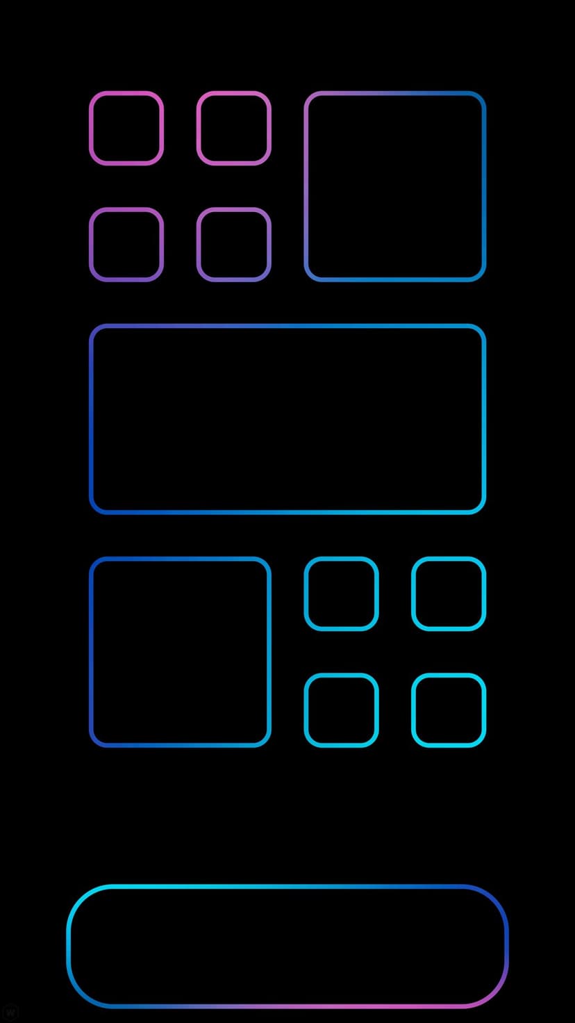 Rounded square and rectangular frames with pink to blue gradient borders contrast against a black background.