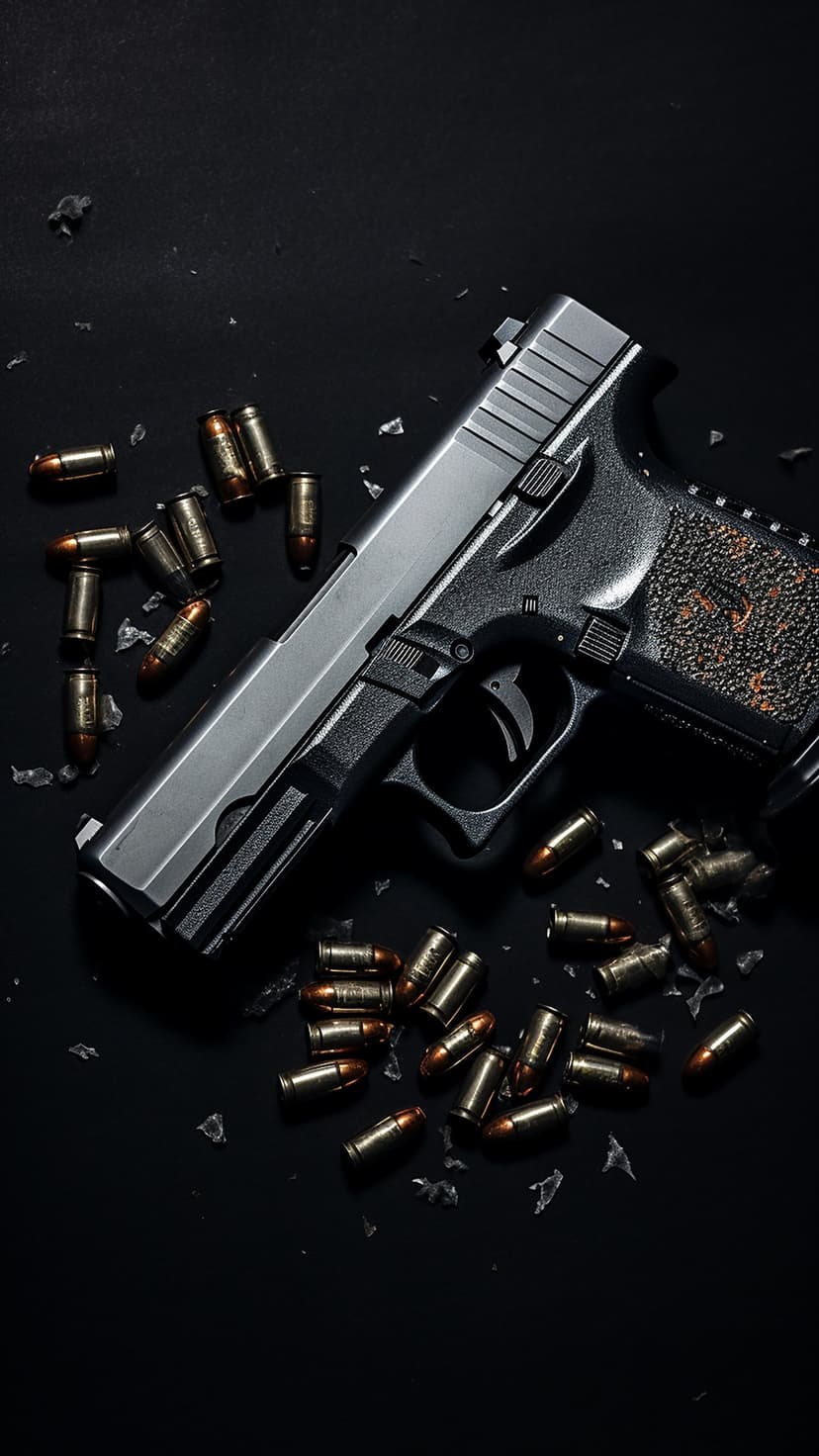 Semi-automatic silver and black handgun rests on a dark reflective surface among scattered metallic bullets.