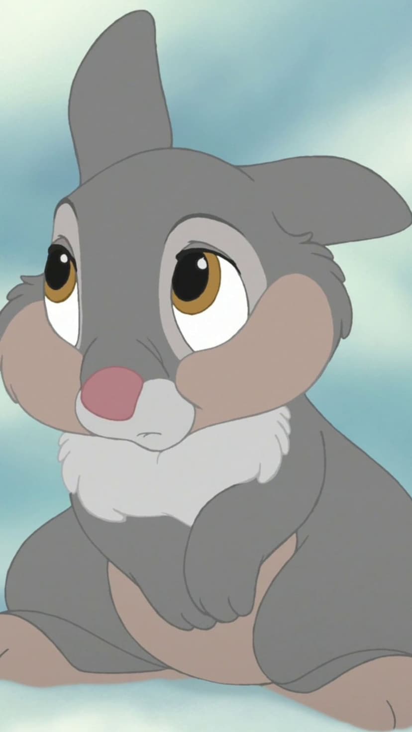Thumper the rabbit looks upward with sad eyes, showing his soft gray fur and fluffy white chest in a close-up.