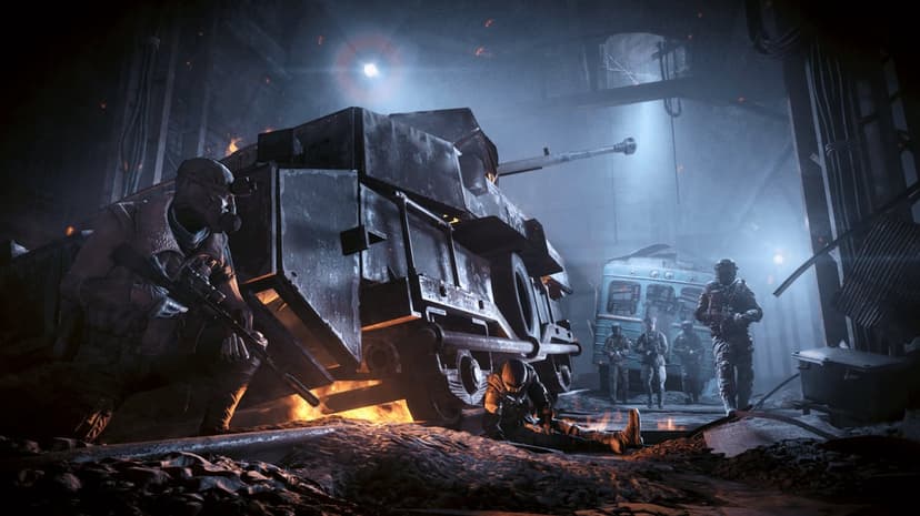 Soldier with a gas mask and rifle crouches near a heavy armored tank in a dark, fiery subterranean tunnel.