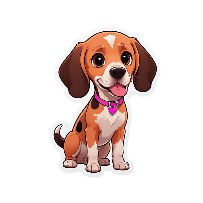 Beagle puppy sticker illustration with orange and white fur sitting forward wearing a pink heart tag collar.