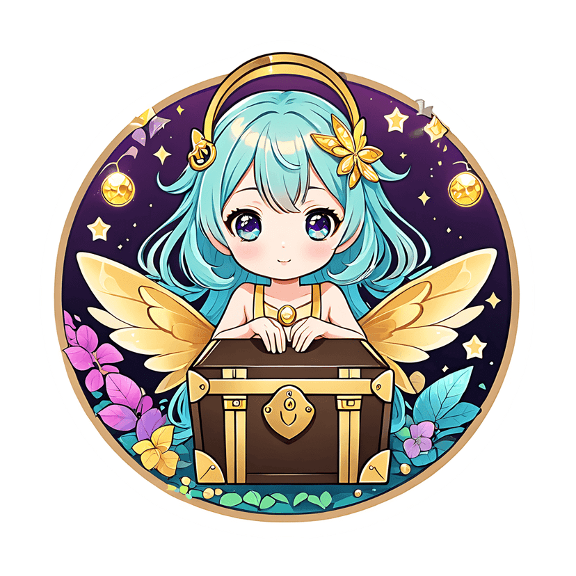Blue hair fairy sticker with golden wings holding a treasure chest under a starry night sky with lanterns.