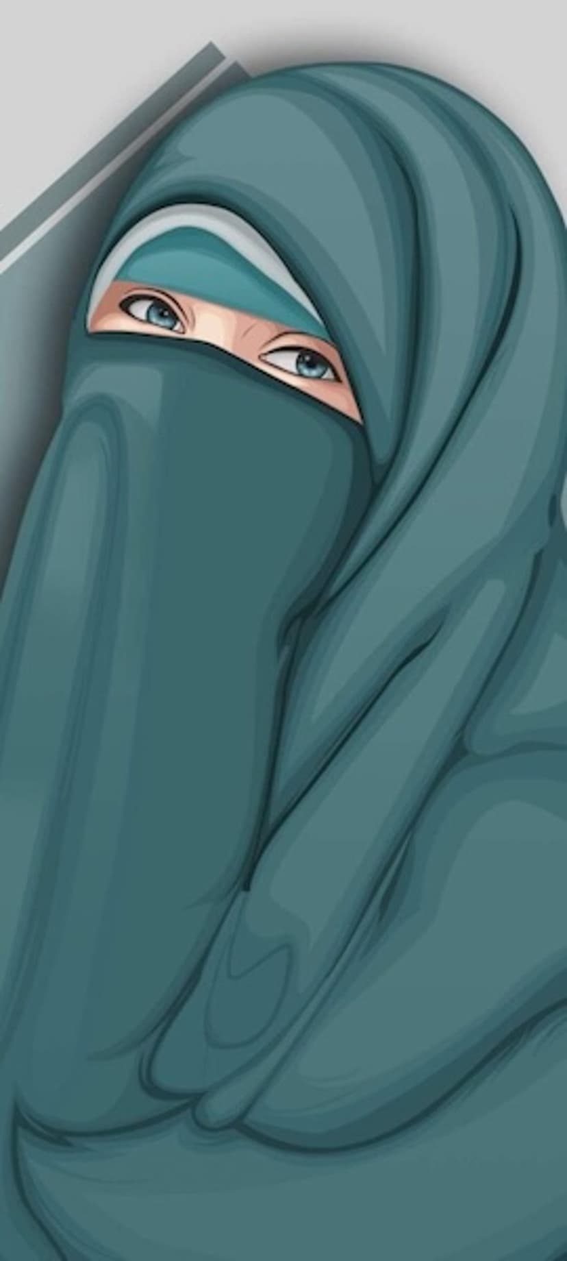 Woman with bright blue eyes wearing a teal niqab and matching hijab with soft folds and detailed fabric shading.