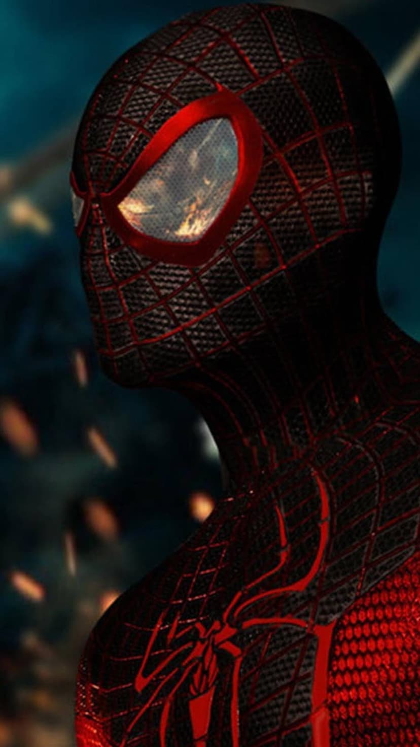 Spider-Man's textured black mask with red webbing and reflective eye lenses highlighting intricate suit details.