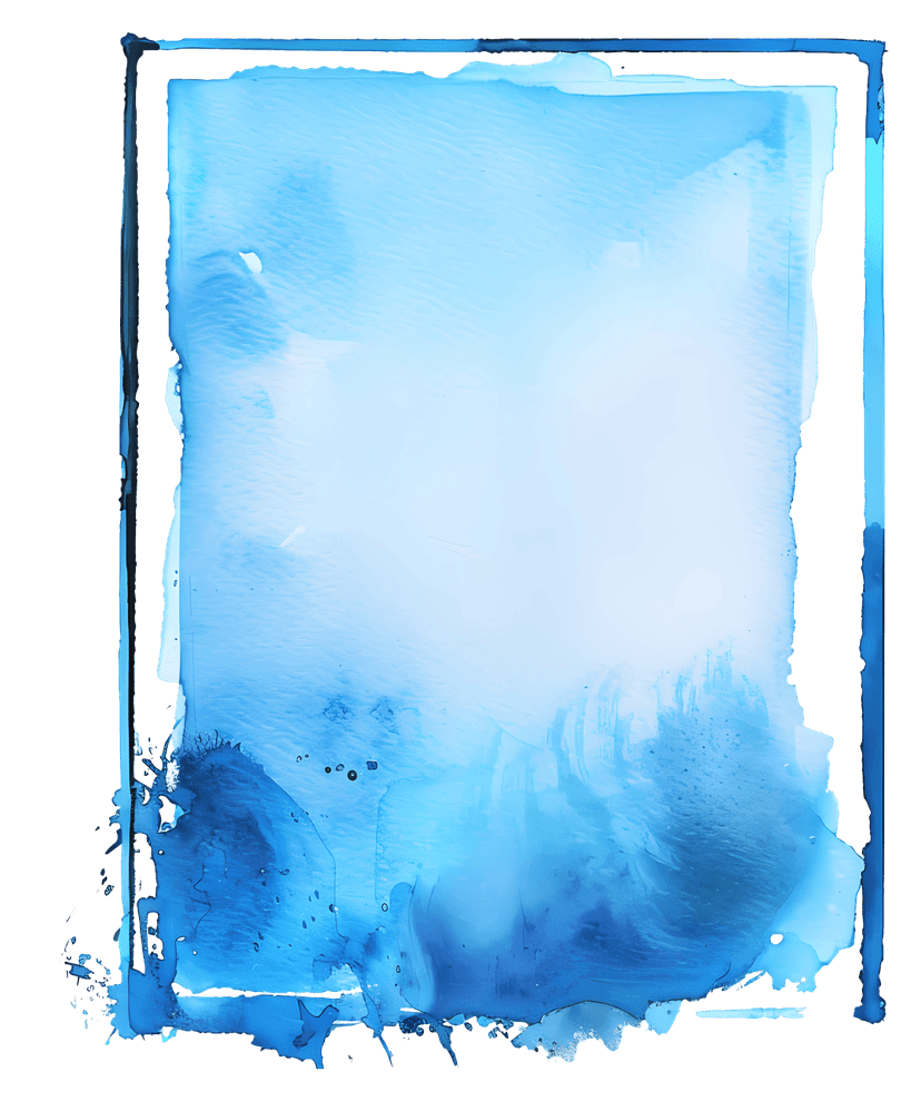 Blue watercolor rectangle border features translucent pigment washes and hand-painted organic textured edges.