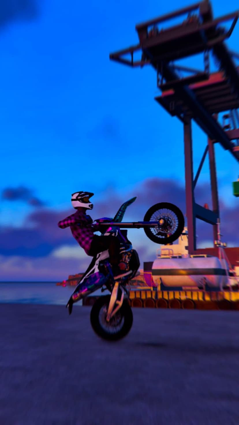 Motorcyclist in a checkered shirt does a wheelie on an iridescent dirt bike overlooking a harbor at dusk.