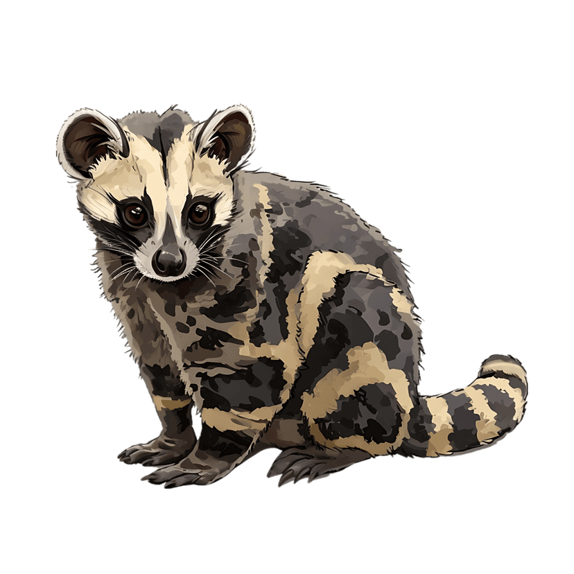 Civet cat with striped fur and facial mask markings sits against a solid black background in a painterly style.