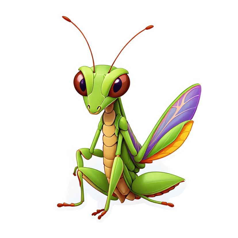Green grasshopper sticker with glossy 3D finish features red eyes and purple wings against a white outline border.