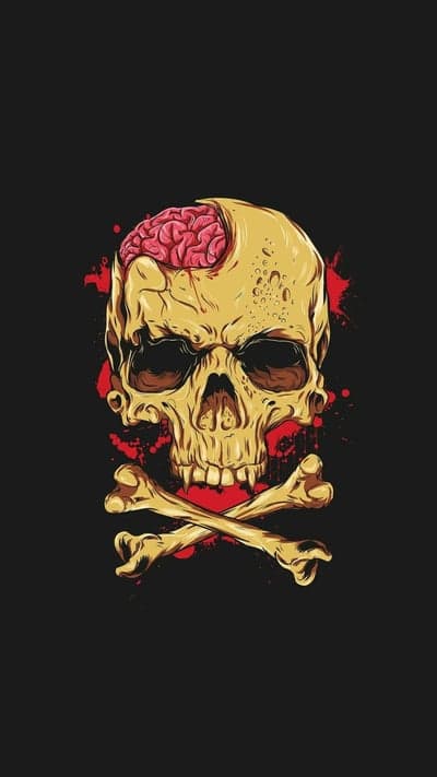 Macabre Yellow Skull and Exposed Brain Phone Wallpaper