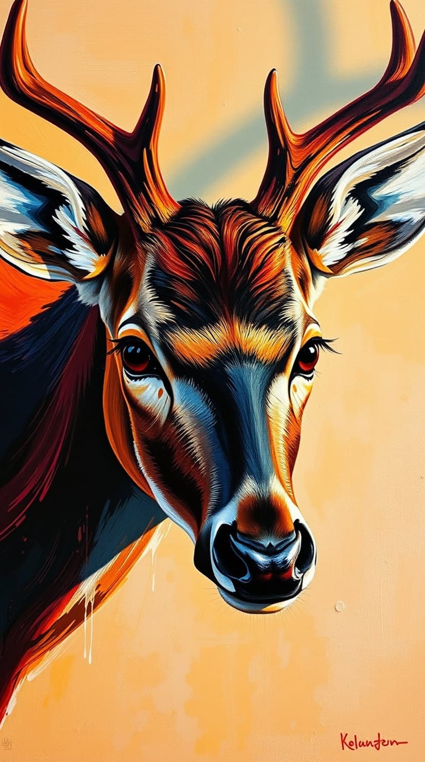 Deer head with glowing red eyes and vibrant orange antlers against a soft amber and black gradient background.
