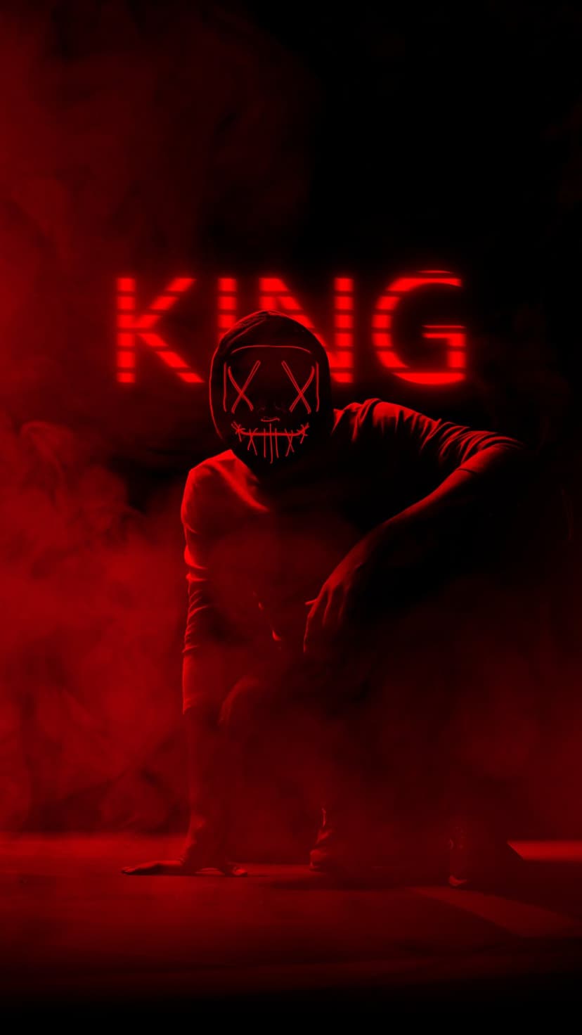 Masked figure in a hoodie crouches amidst thick red smoke with a glowing neon king sign in the background.