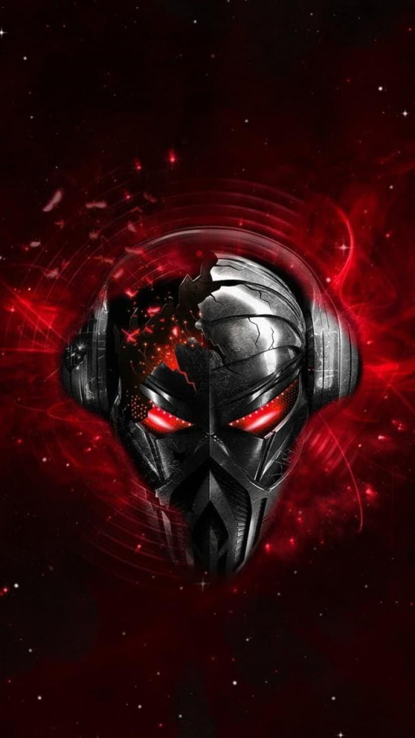Metallic skull mask with glowing red eyes and headphones surrounded by swirling crimson energy and star dust.