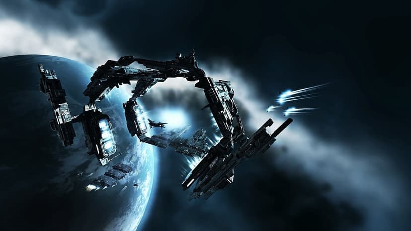 Massive sci-fi space station gate with glowing ships orbiting a blue planet in deep space landscape view.