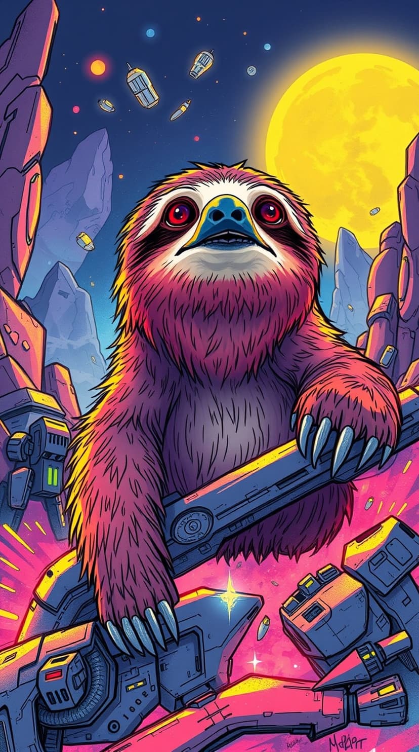 Pink sloth with red glowing eyes holds a robotic arm in front of a giant yellow moon and starry space background.