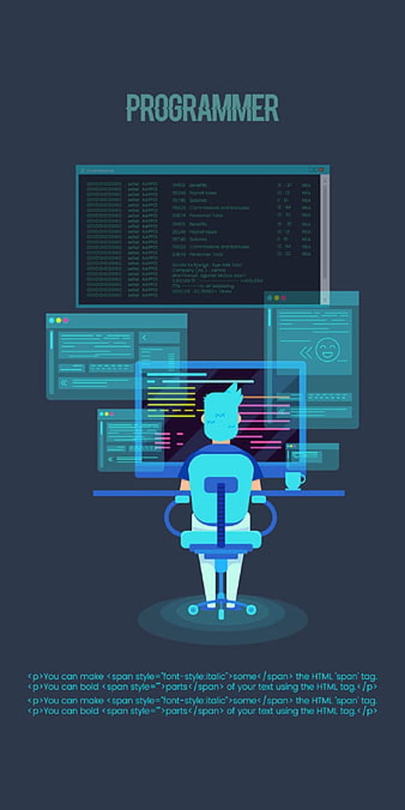 Programmer sits at a desk facing glowing blue code monitors with a coffee cup in a dark tech-themed setting.