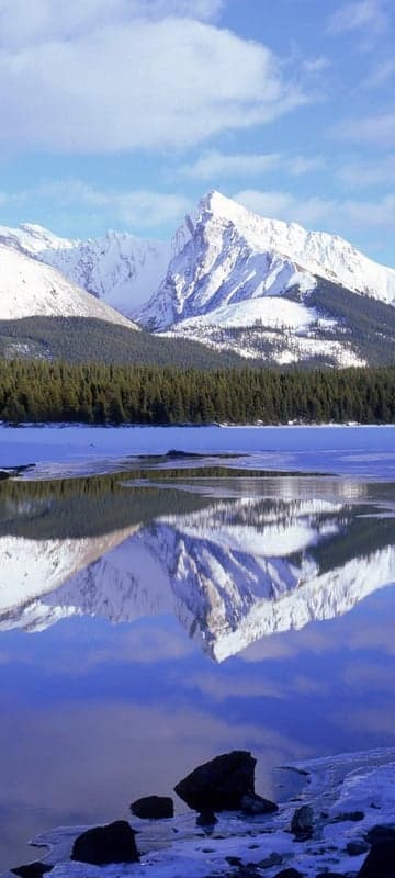 Snowy Mountains Reflected in a Calm, Icy Lake