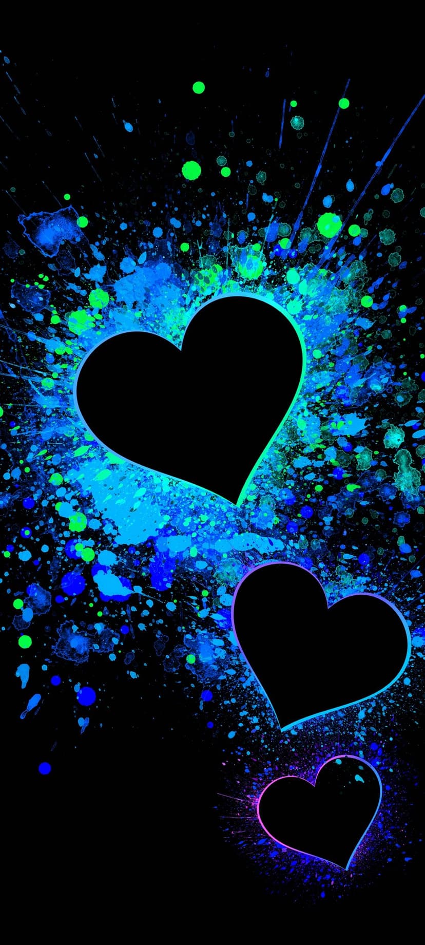 Three black heart silhouettes centered within vibrant neon blue and green paint splatters on a dark backdrop.