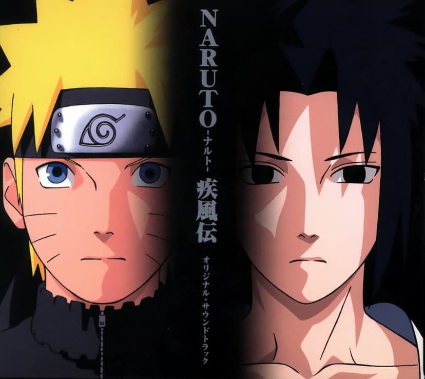 Naruto and Sasuke appear in a split-screen layout wearing metal headbands with Japanese text at the bottom.