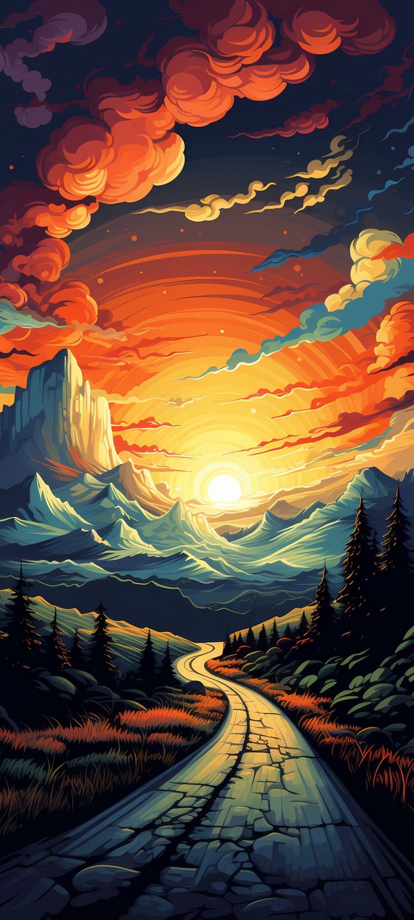 Winding road through jagged mountains under a fiery orange sunset with silhouetted pine trees in the distance.