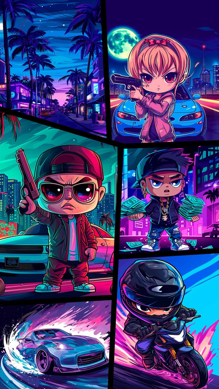 Stylized female character with a pistol stands near a drifting sports car amidst vibrant neon city lights.
