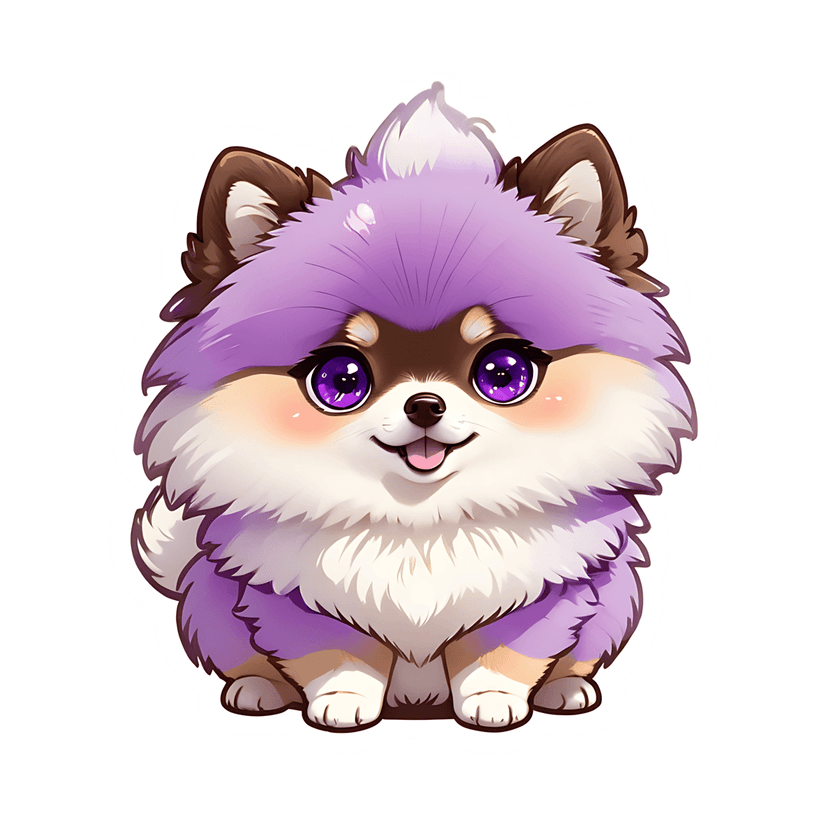 Purple pomeranian puppy sitting front view with fluffy lavender fur, white chest, and glossy violet eyes.