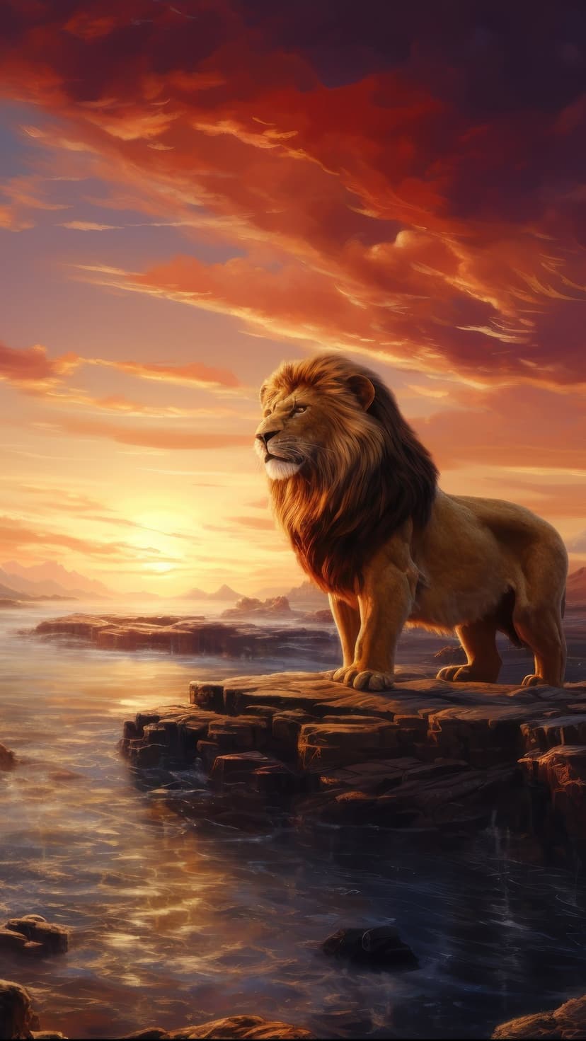 Lion standing on a jagged rock ledge during a vibrant sunset with orange clouds reflecting on the water surface.