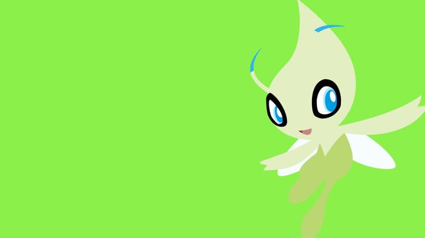 Celebi Pokemon in a minimalist vector style with bright blue eyes on a solid lime green background.