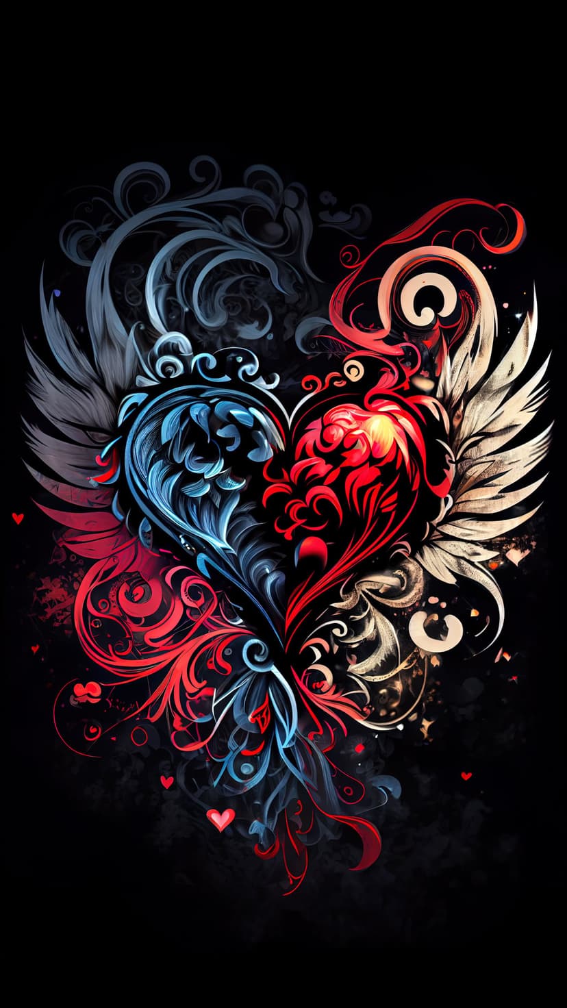 Winged heart split between blue floral patterns and orange flames against a dark smoky backdrop with small hearts.