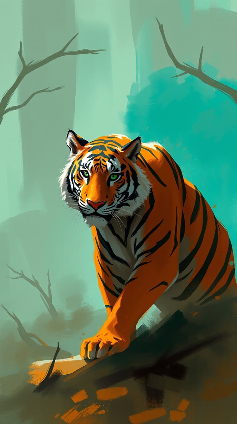 Bengal tiger with bright green eyes crouches on a mossy log amidst a foggy, lush green tropical forest setting.