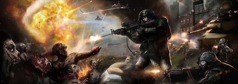Soldier in a gas mask firing a rifle at zombies amidst a massive explosion and military tanks in a ruined city.