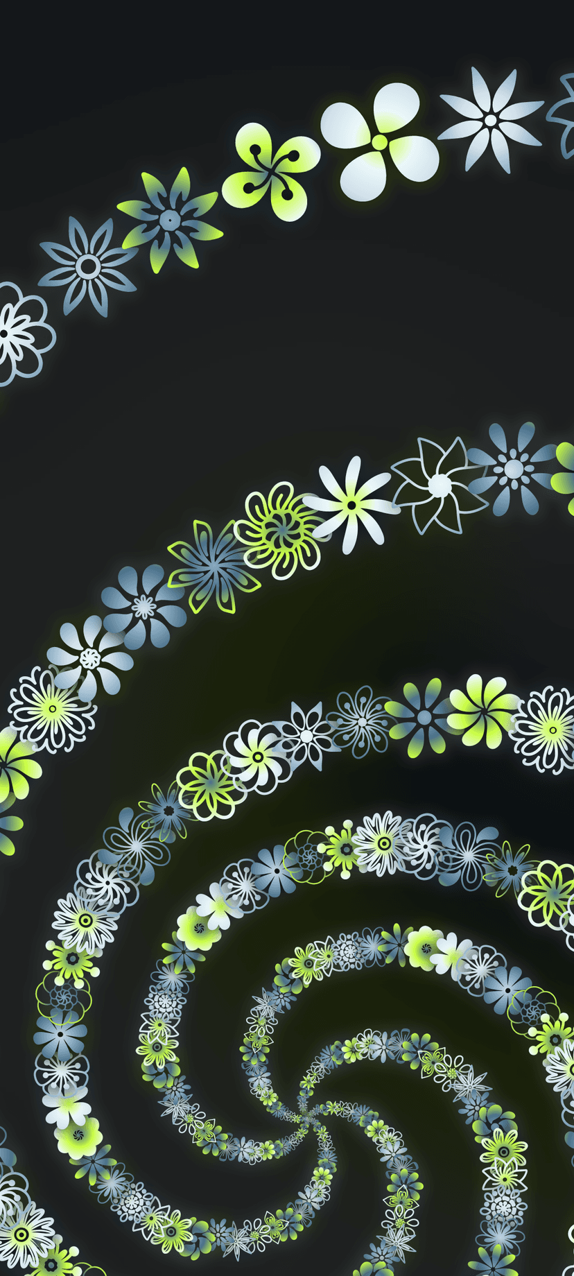 Lime green and icy blue neon flowers spiraling into a dark void, forming a symmetrical floral vortex pattern.