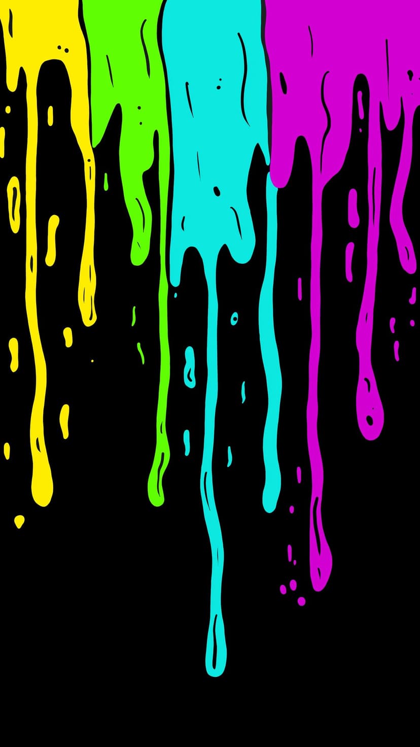 Neon yellow, green, and pink paint drips flow vertically against a solid black background in high contrast.