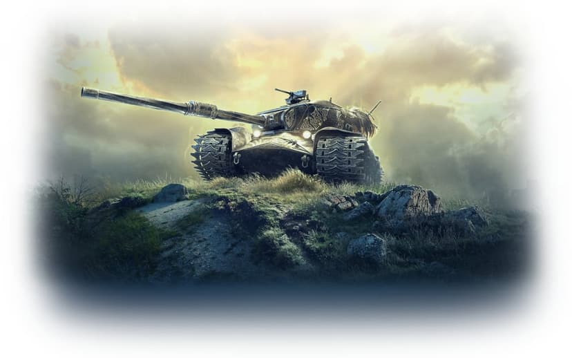 Armored tank with spiked tracks on a rocky hill under a dramatic sky with golden sunlight breaking through clouds.
