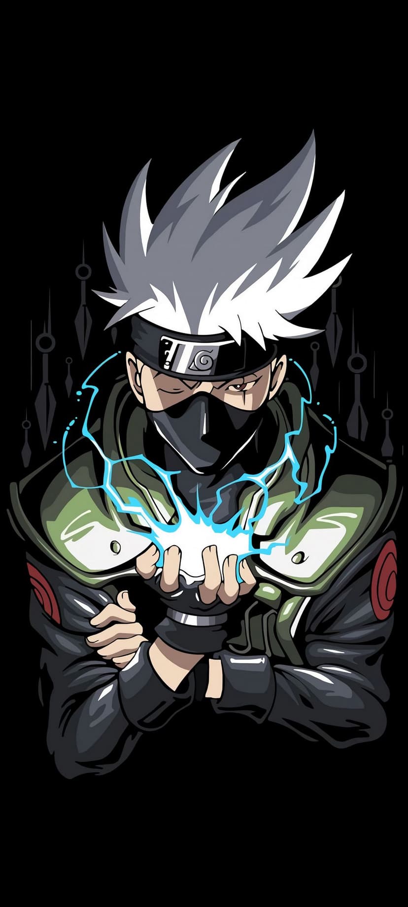 Kakashi Hatake clutches a glowing orb of blue lightning while wearing a silver mask and Konoha headband.