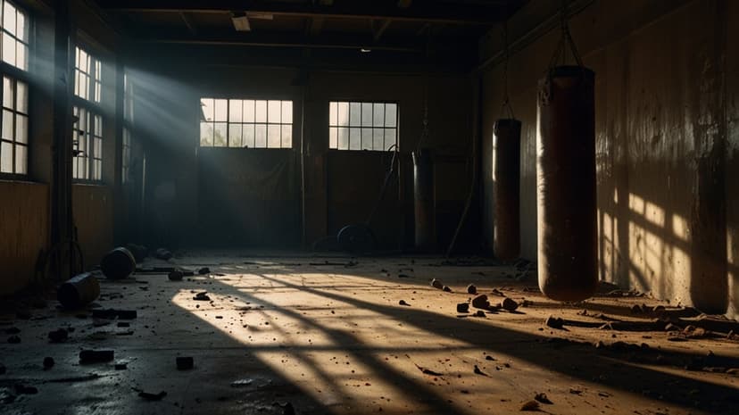 Punching bags hang in a derelict gym as dramatic sunbeams illuminate floating dust and scattered floor rubble.