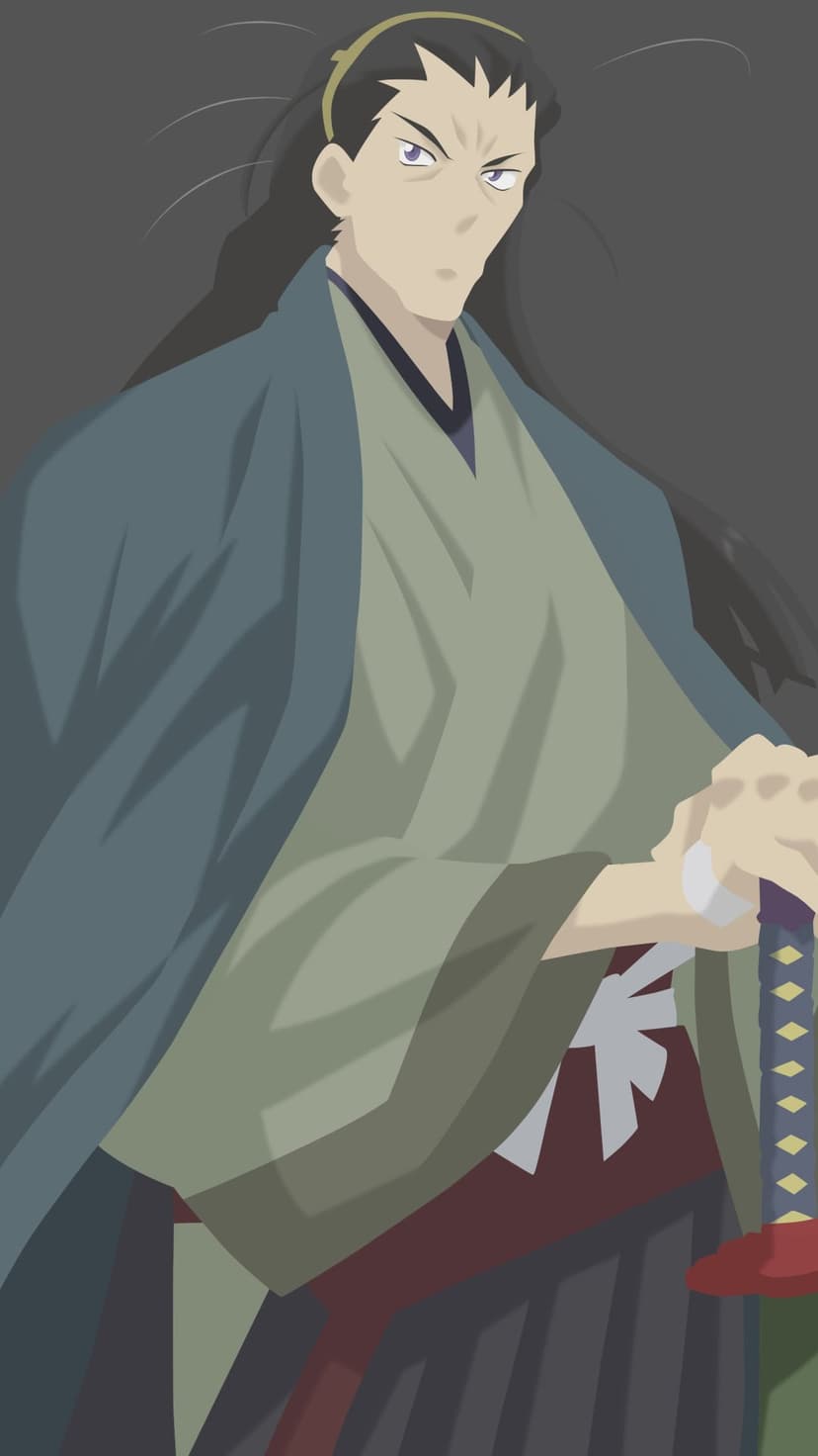 Kazuhiko with long dark hair tied back stands in a grey background wearing samurai robes with a sword.