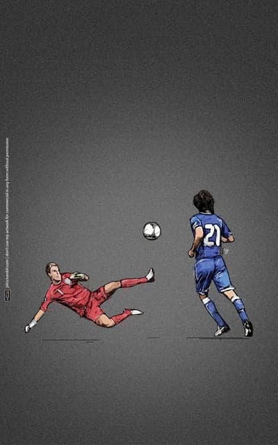 A digital illustration of a soccer goalkeeper and a player on a gray background