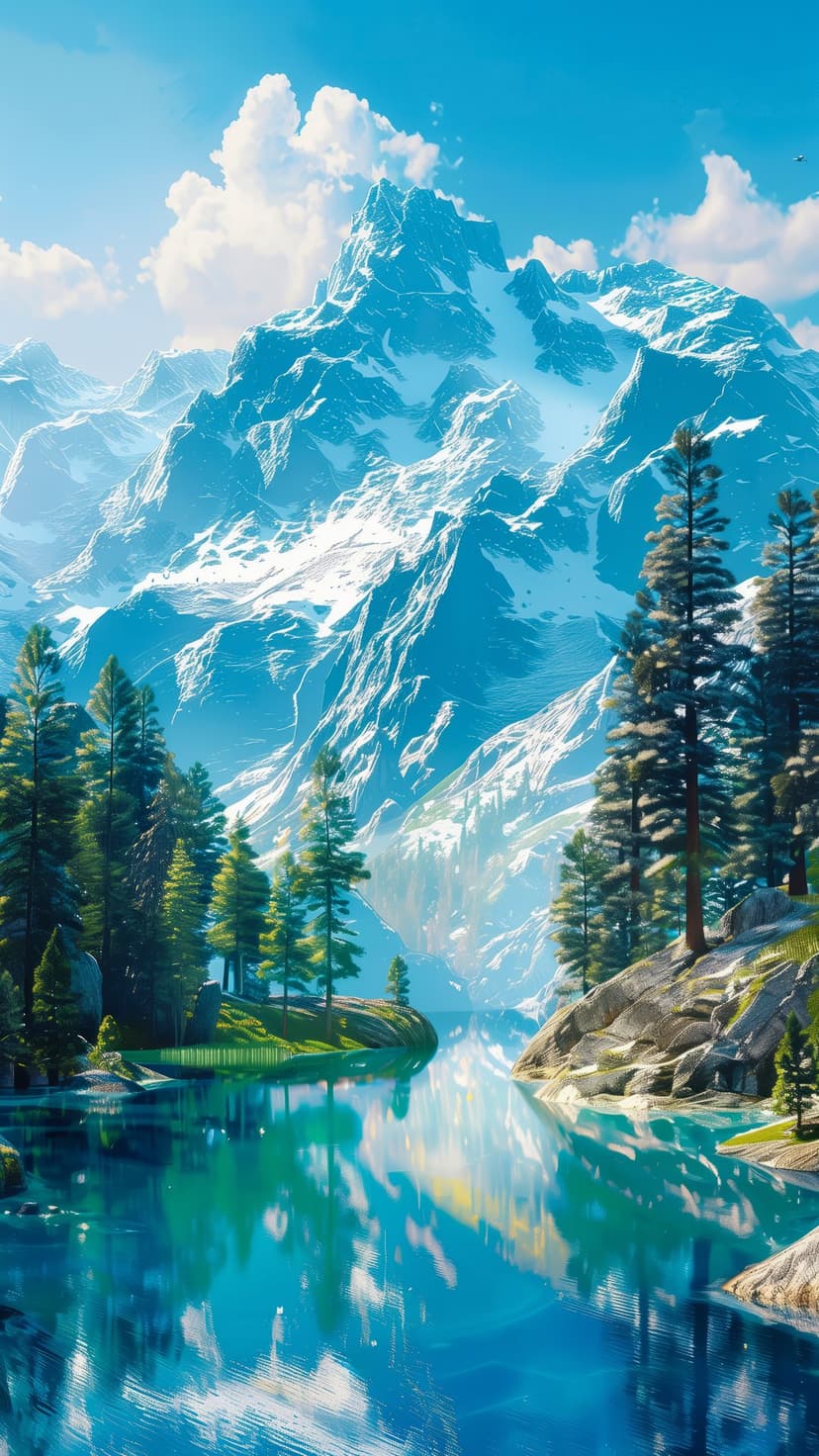 Snowy mountain peaks reflect in a turquoise alpine lake surrounded by a dense green pine forest under a blue sky.