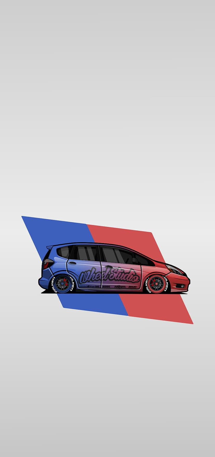 Honda Jazz with a blue and red gradient paint job, lowered stance, and custom rims against a geometric backdrop.