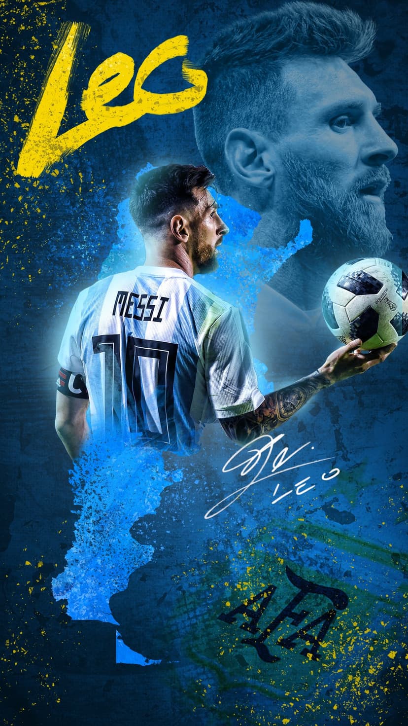 Lionel Messi in an Argentina jersey with his signature and yellow paint splashes on a blue artistic background.