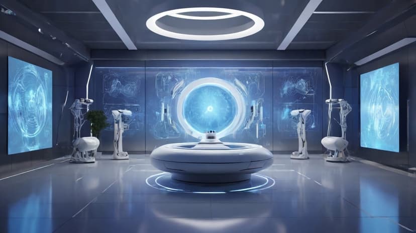 Circular glowing portal in a high-tech lab with robotic arms and floating blue holographic data displays.