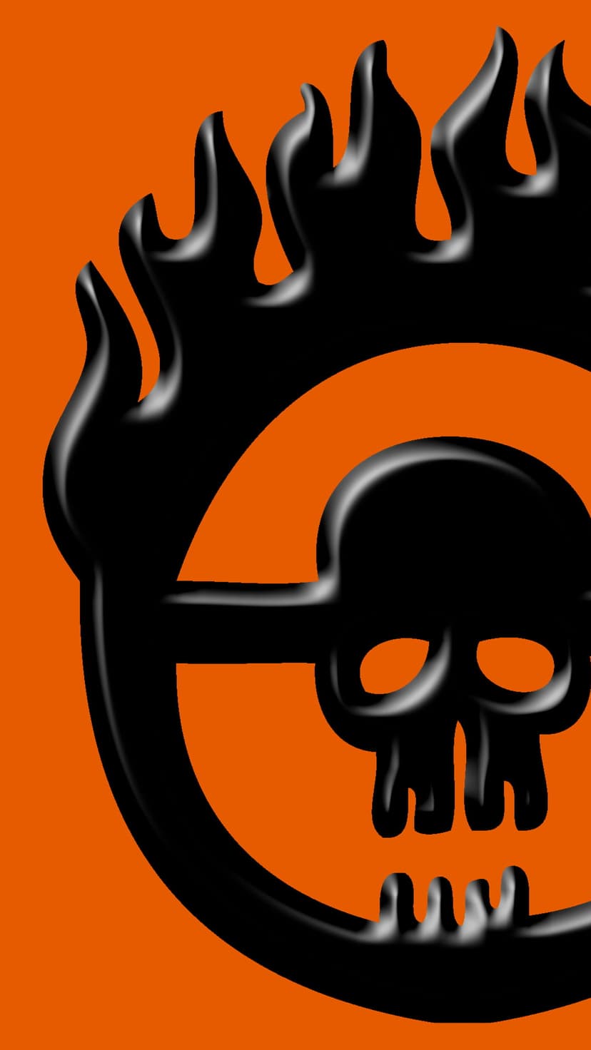Glossy black skull with arched flames centered on a bright orange background in a minimalist wasteland style.
