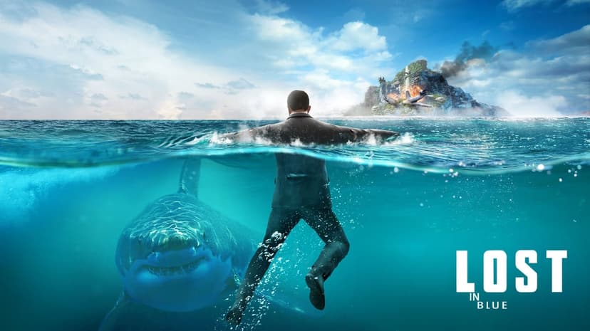 Man in a suit floats above a giant shark in the ocean with a burning plane crash on a distant island.