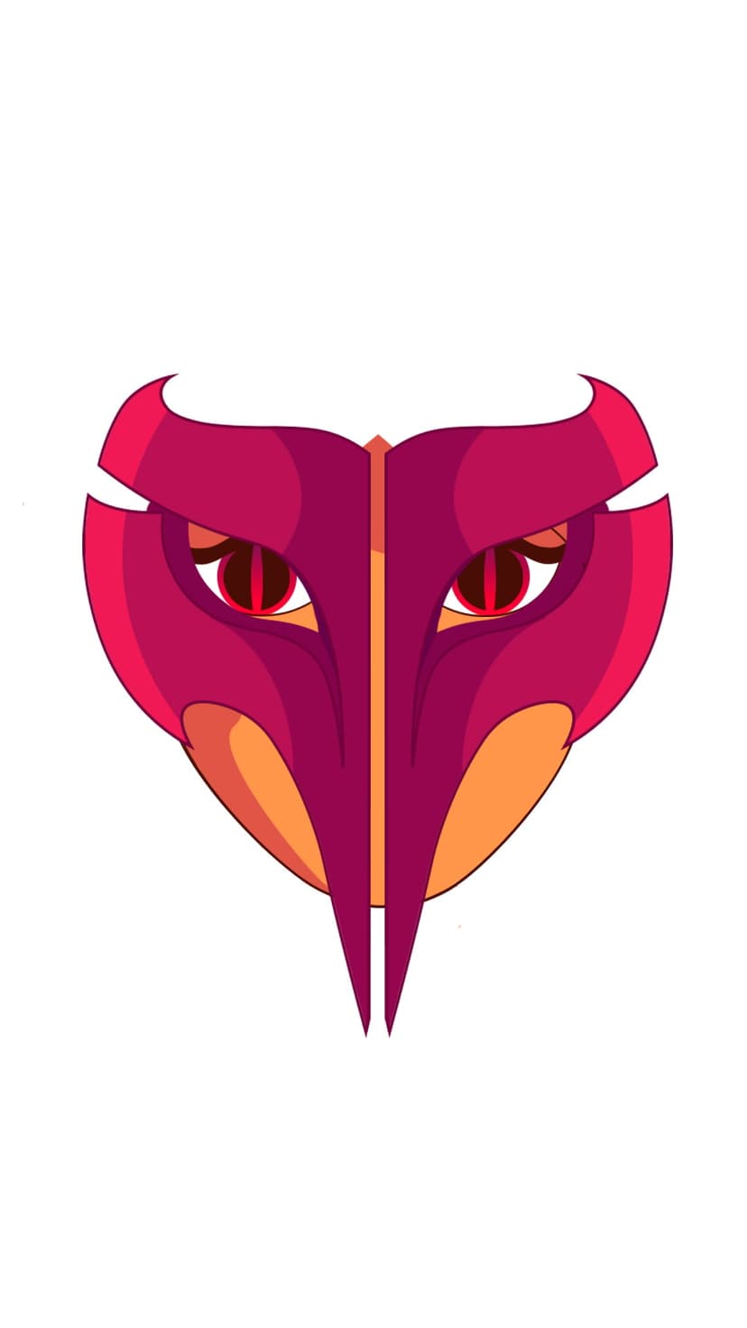 Crimson bird mask with glowing red eyes, sharp orange beak, and symmetrical angular feathers on a dark backdrop.