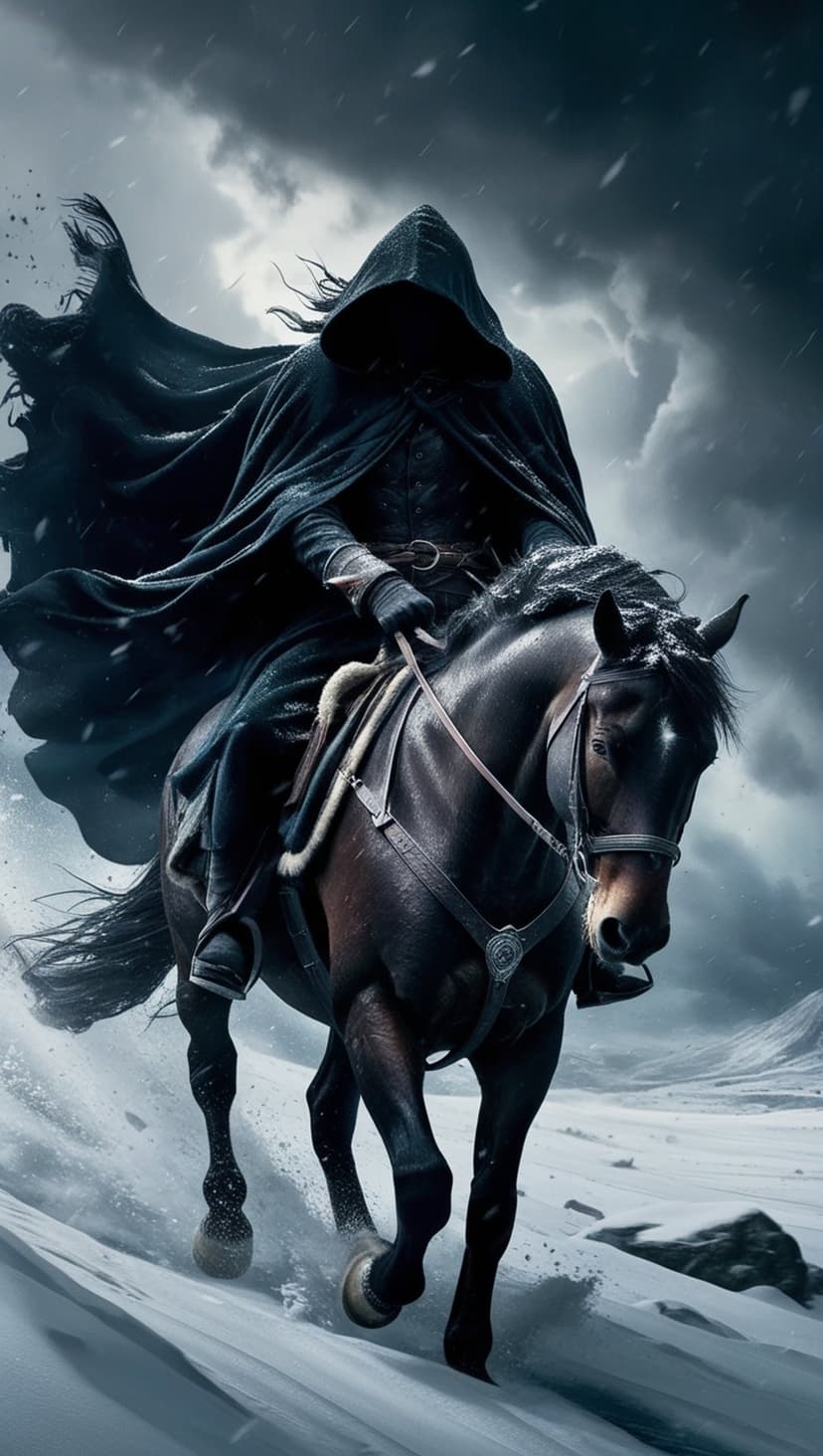 Hooded figure in dark robes rides a black horse through a heavy snowstorm with wind-blown snowflakes and fog.